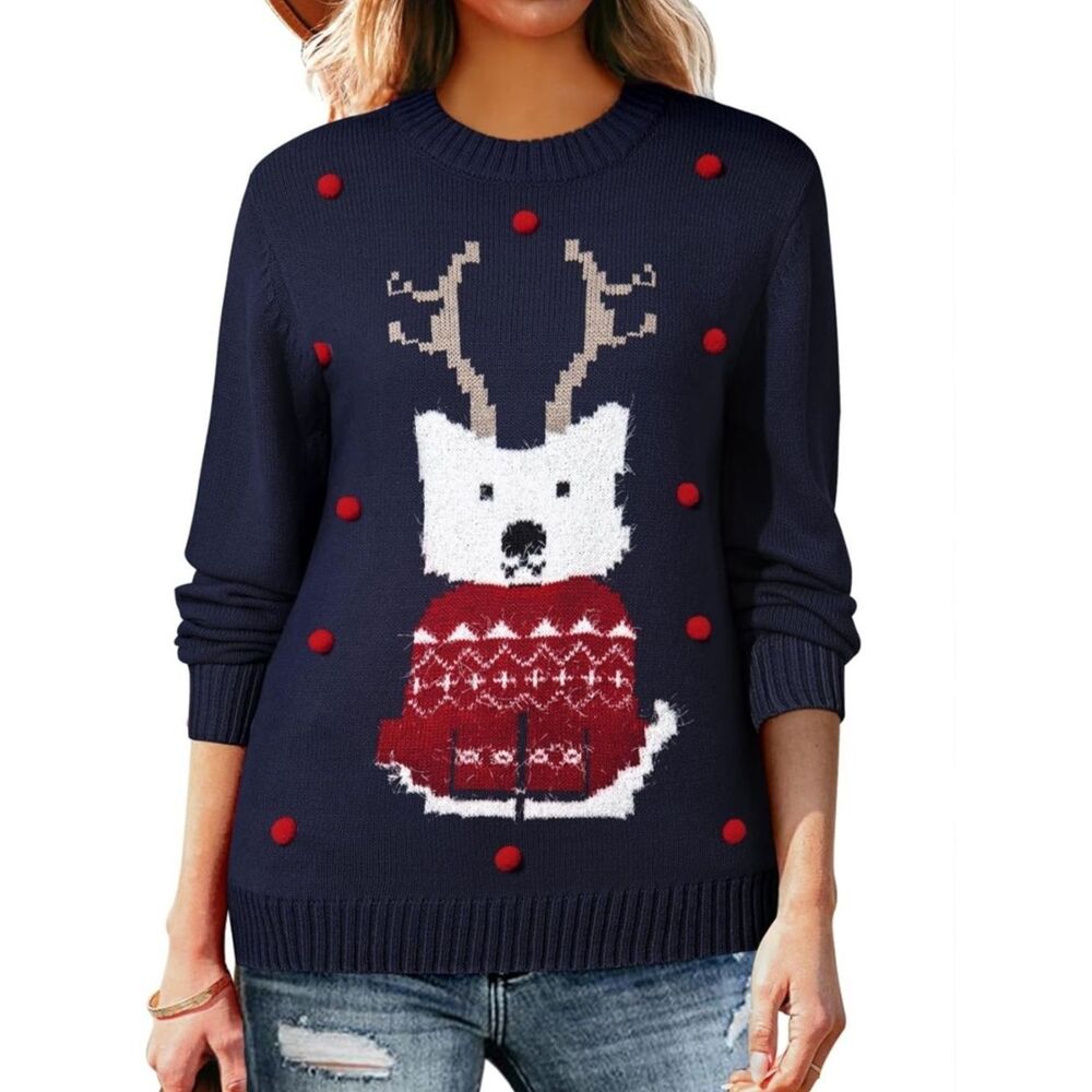 NWT Sz Med Navy Holiday Reindeer Dog Knit Sweater